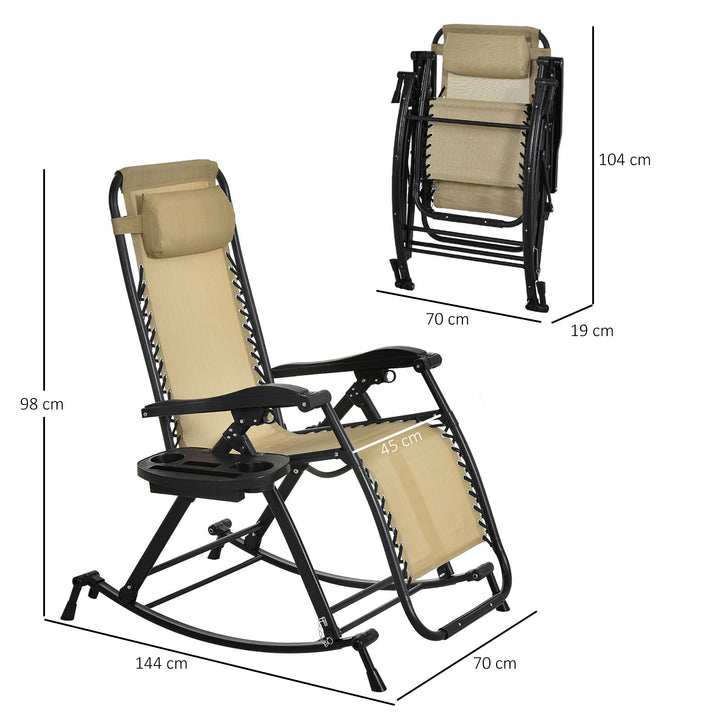 Garden Rocking Chair Folding Recliner Outdoor Adjustable Sun Lounger Rocker Zero-Gravity Seat with Headrest Side Holder Patio Deck - Beige