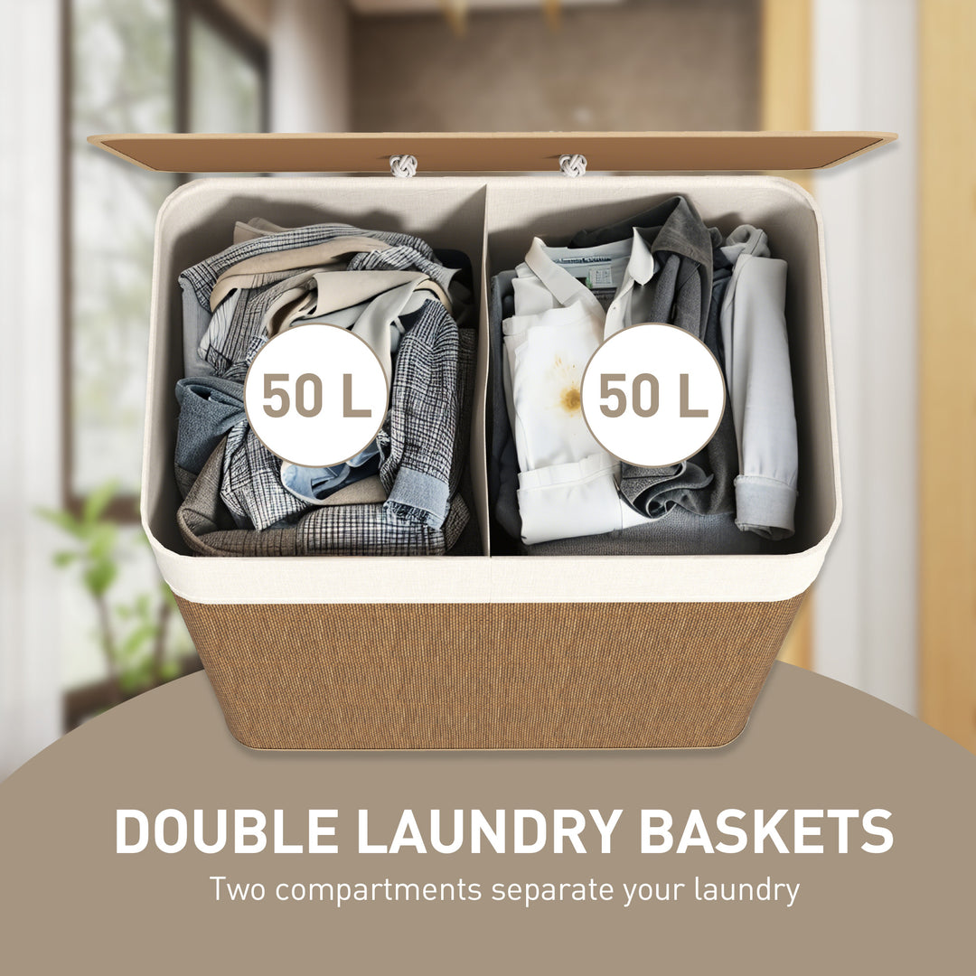 Double Laundry Basket with Lid, 100L Bamboo Laundry Hamper with Rope Handles, Washing Basket with Removable Liner for Bathroom, Bedroom, Brown