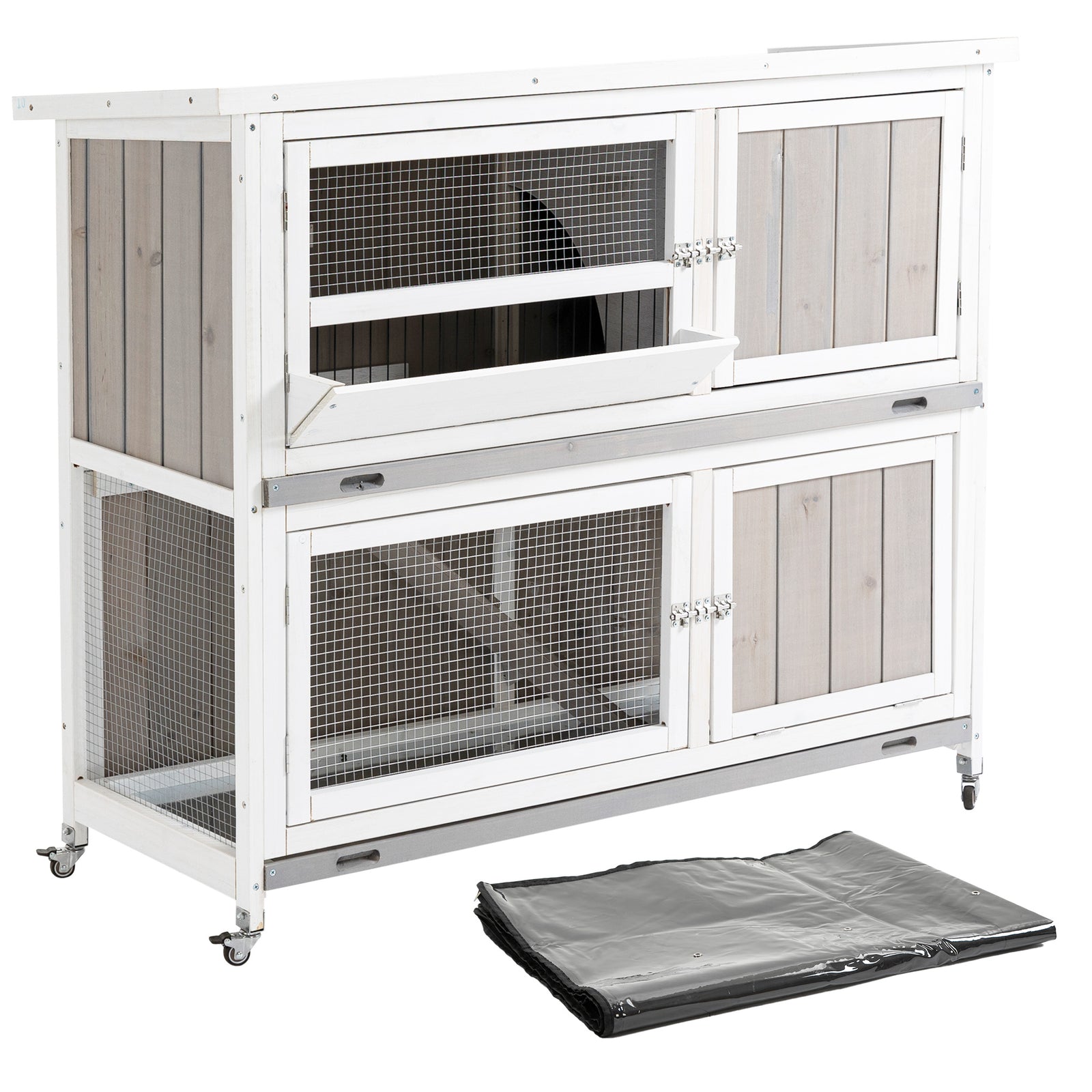 Wooden Pet Hutch, Two-Tier Cage with Rain Cover, Wheels, White
