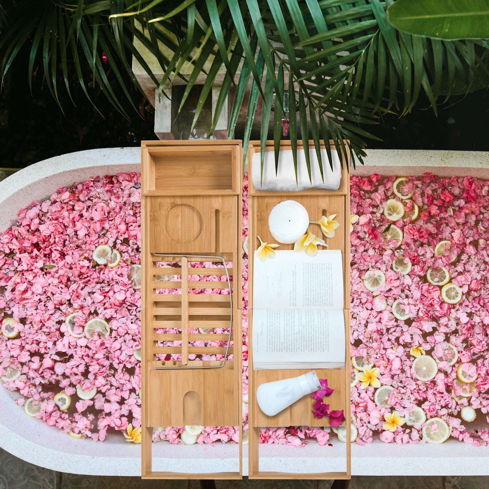 Extendable Bamboo Bathtub Shelf Rack Bath Caddy Tray Bathroom Storage, Set of 2