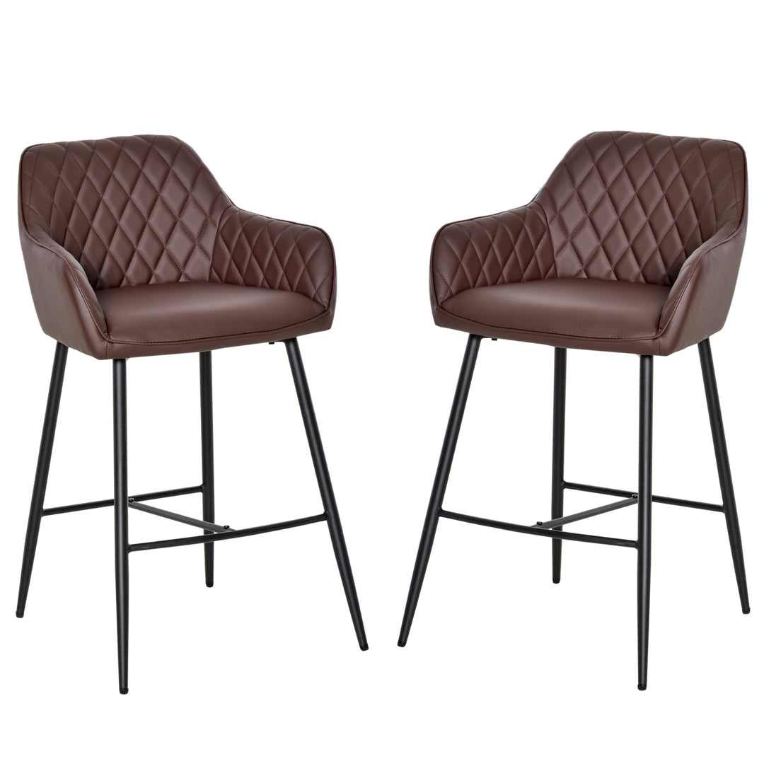 Set of 2 Bar stools Retro PU Leather Bar Chairs w/ Footrest Metal Frame Comfort Support Stylish Dining Seating Home Brown