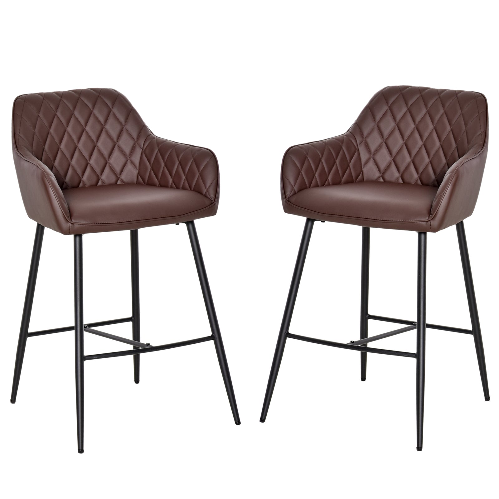 Set of 2 Bar stools Retro PU Leather Bar Chairs w/ Footrest Metal Frame Comfort Support Stylish Dining Seating Home Brown