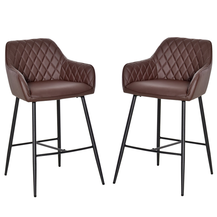 Set of 2 Bar stools Retro PU Leather Bar Chairs w/ Footrest Metal Frame Comfort Support Stylish Dining Seating Home Brown