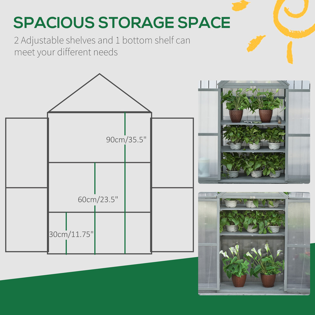 Garden Cold Frame Polycarbonate Greenhouse with Adjustable Shelves, Double Doors, Openable Top Covers, Grow House for Flower Vegetable Plants, 80 x 47 x 138cm, Grey