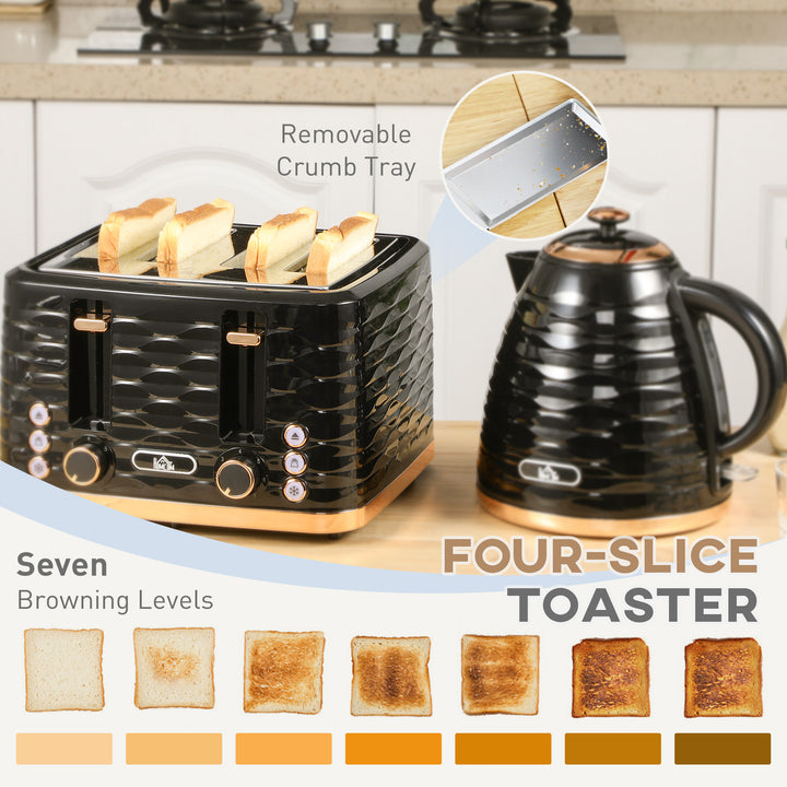 Kettle and Toaster Sets, 3000W 1.7L Rapid Boil Kettle & 4 Slice Toaster with 7 Browning Controls, Defrost, Reheat and Crumb Tray, UK Otter thermostat, Black