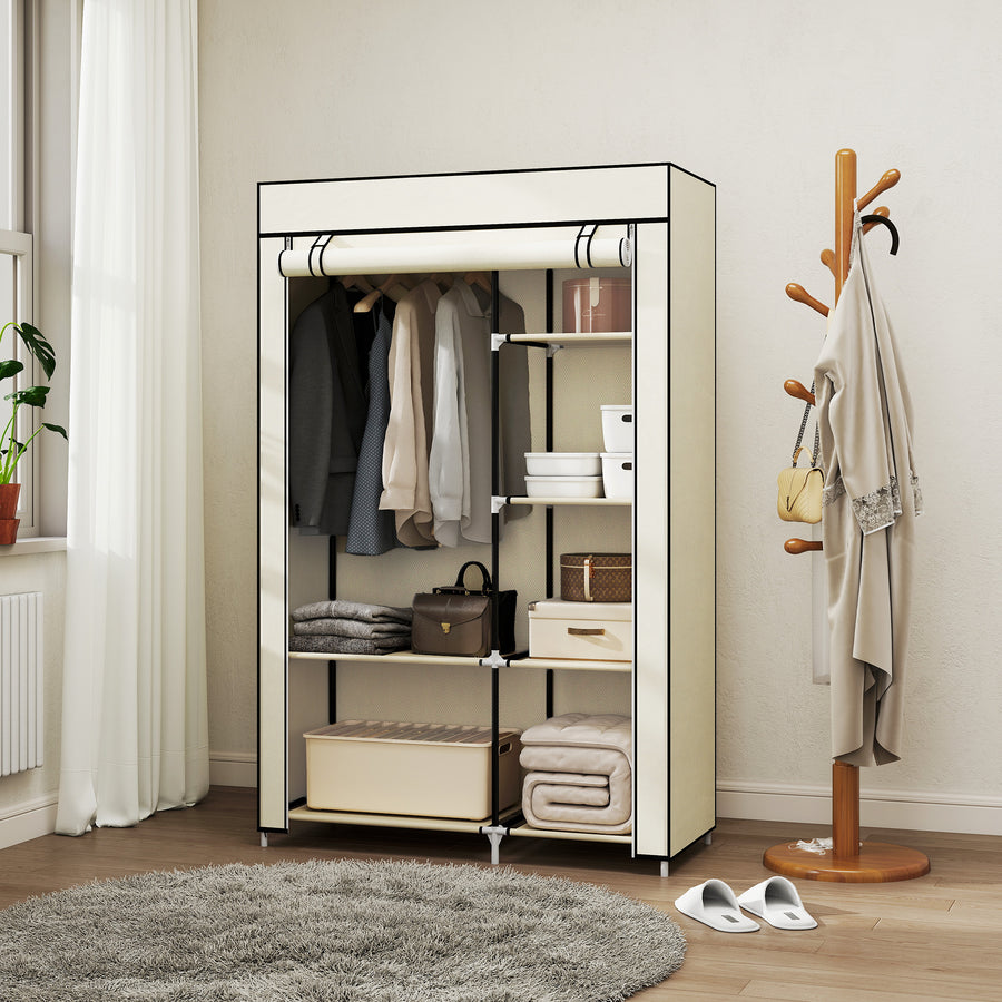 Fabric Wardrobe, Portable Wardrobe with 6 Shelves, 1 Hanging Rail, Foldable Closets, 103 x 43 x 162.5 cm, Cream White