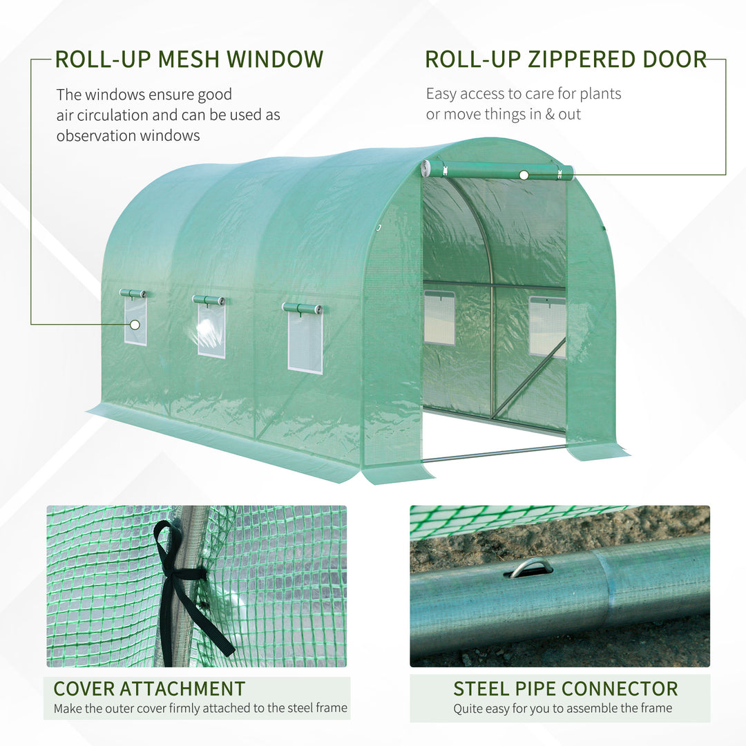 MCL 4 x 2 x 2 m Polytunnel Greenhouse with Roll-up Door and 6 Mesh Windows, Walk-in Garden Tunnel Warm House Tent with UV-resistant PE Cover and Galvanised Steel Frame, Green