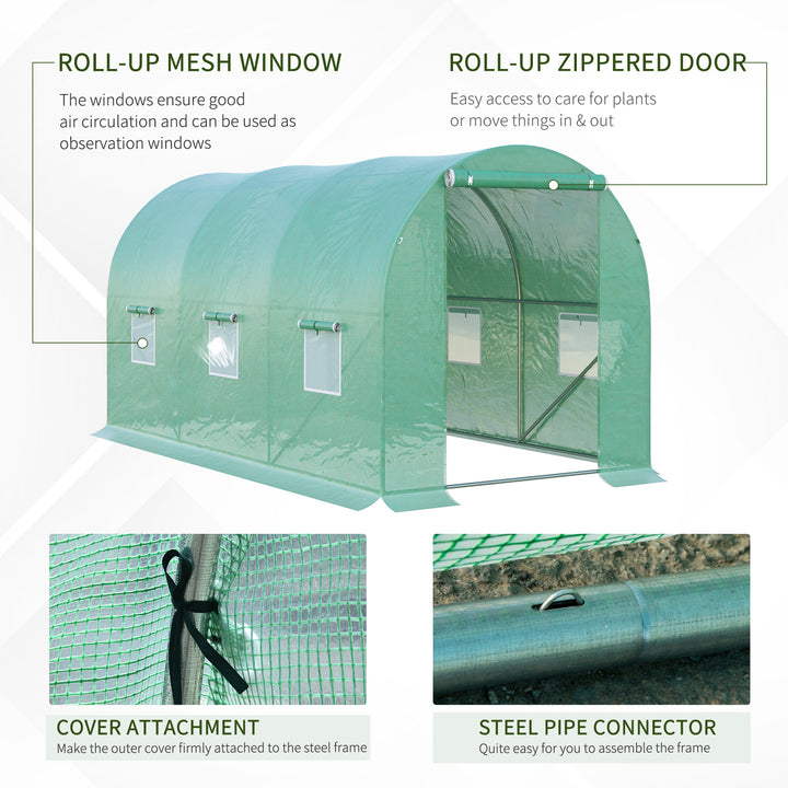 4 x 2 x 2 m Polytunnel Greenhouse with Roll-up Door and 6 Mesh Windows, Walk-in Garden Tunnel Warm House Tent with UV-resistant PE Cover and Galvanised Steel Frame, Green