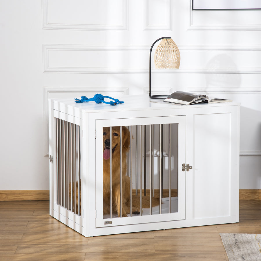 2-in-1 Dog Cage and Side Table, with Two Lockable Doors, for Medium Large Dogs - White