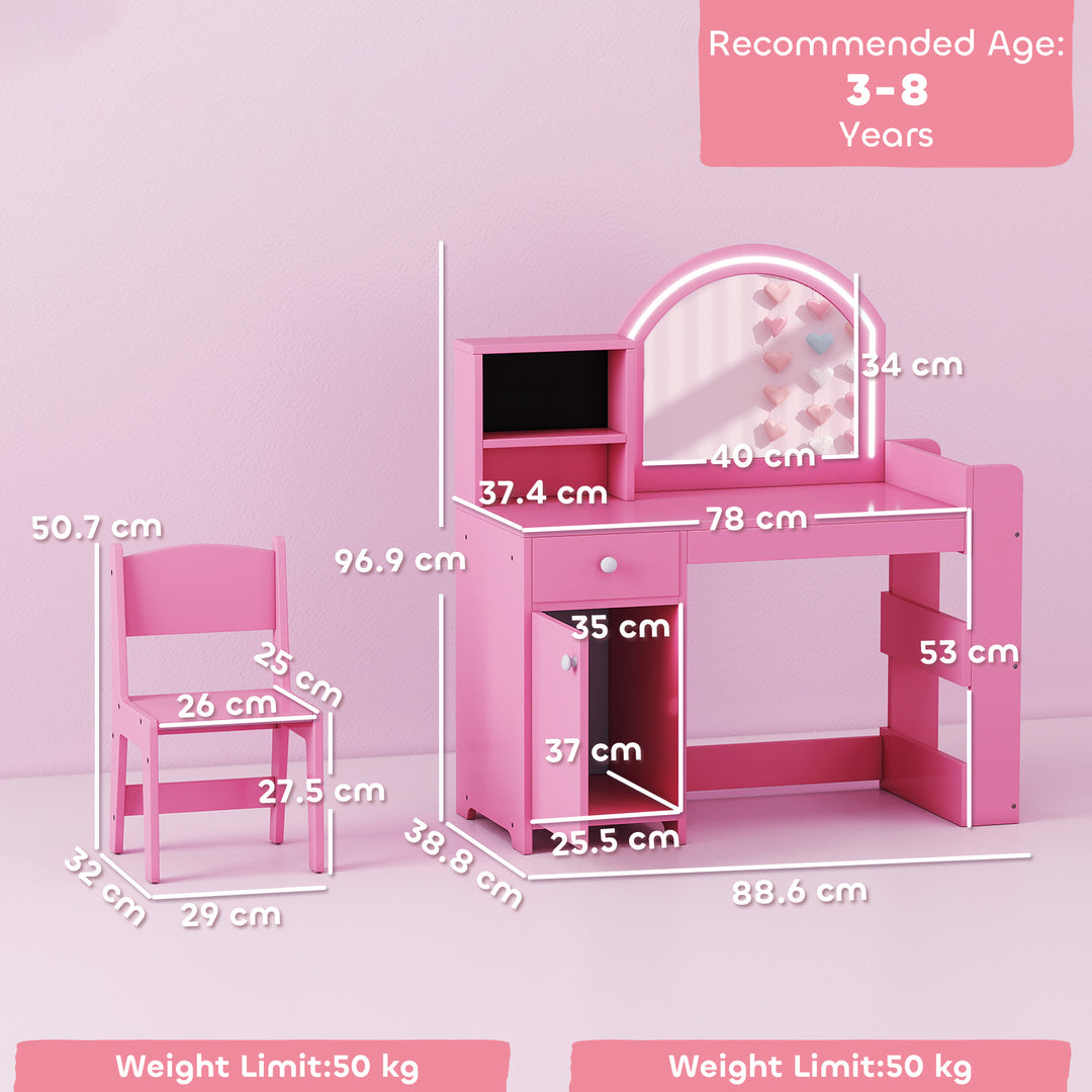 MCL Kids Vanity Table and Chair Set, Girls Dressing Table with 2-Colour LED Mirror, Stool, Cabinet, Drawer, Shelves, Pink