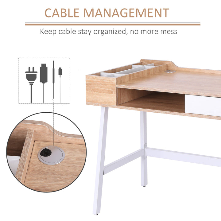 HOMCOM Writing Desk, Computer Table with Drawer, Storage Compartments, Cable Management, Metal Frame, Computer Workstation, Oak and White | Aosom UK