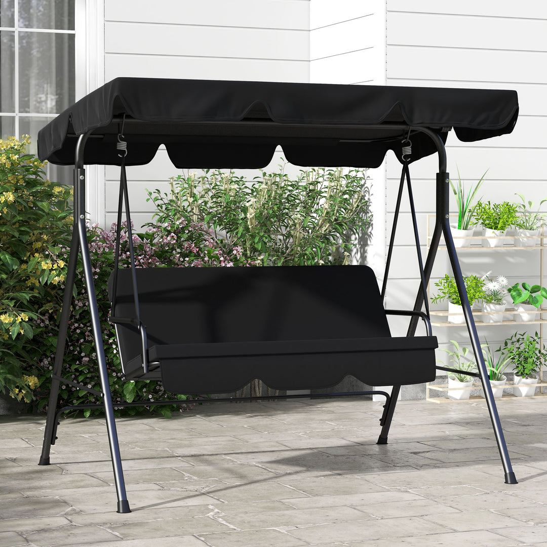 Three-Seater Garden Swing Chair, with Adjustable Canopy - Black