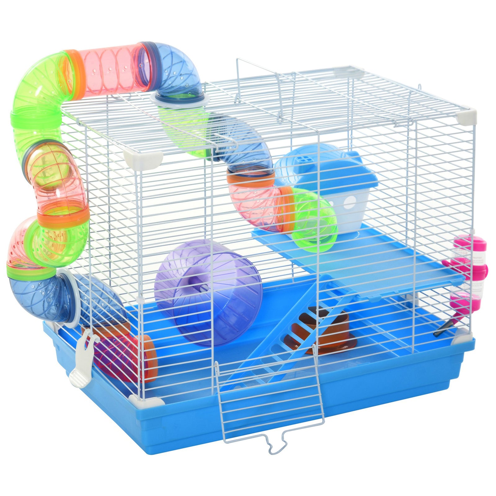 2 Tier Hamster Cage, Gerbil Cage with Handle, Exercise Wheels, Tunnel, Tube, Water Bottle, Dishes, Ladder, for Dwarf, Blue