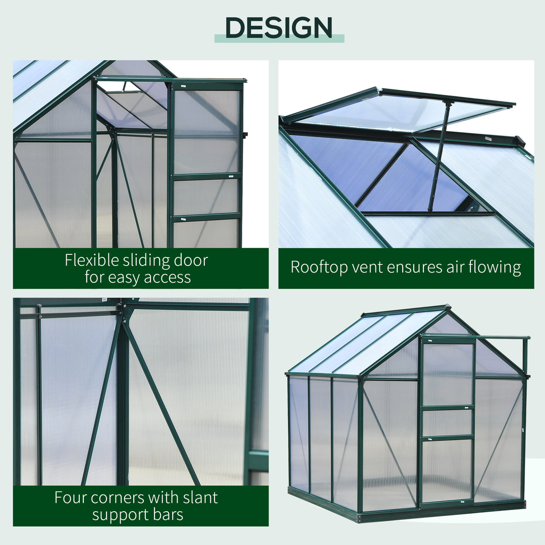 6 x 6ft Polycarbonate Greenhouse, Large Walk-In Green House with Slide Door and Window, Garden Plants Grow House with Aluminium Frame and Foundation, Dark Green