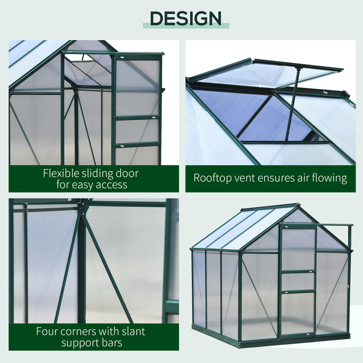 6 x 6ft Polycarbonate Greenhouse, Large Walk-In Green House with Slide Door and Window, Garden Plants Grow House with Aluminium Frame and Foundation, Dark Green