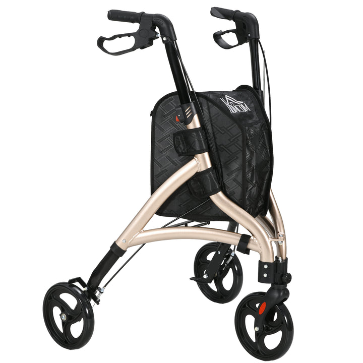3 Wheel Rollator, Lightweight Aluminium Tri Walker with Adjustable Handle, Storage Bag and Dual Brakes, Folding Mobility Walking Aid for Elderly, Handicapped, 5.3kg, Gold Tone