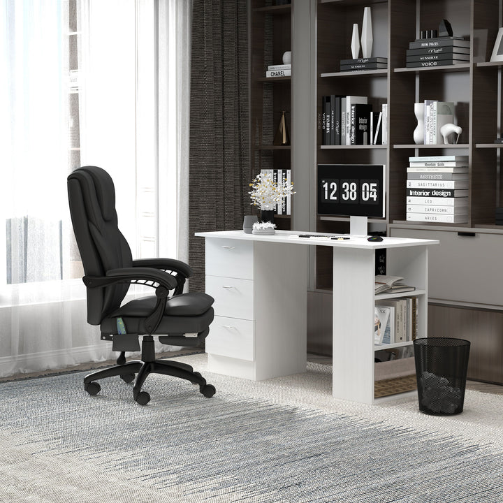Computer Desk, Writing Table, PC Workstation with 3 Storage Shelves and Drawers, Silver Handle, for Home Office, White