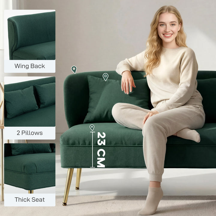 2 Seater Sofa, Linen-look Fabric Small Sofa with Wing Back, Thick Seat, Metal Legs