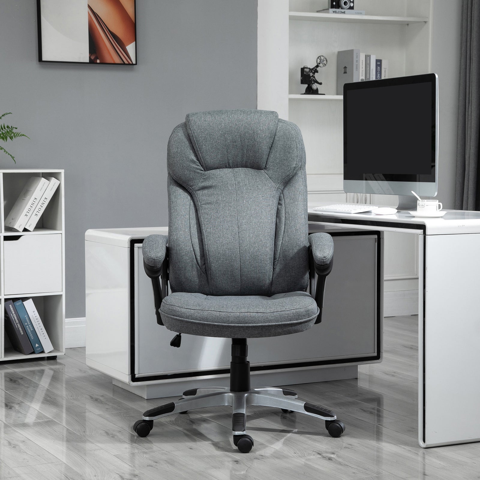 Office Chair, Linen Fabric Desk Chair, Height Adjustable Computer Chair with Padded Armrests, Swivel Wheels and Tilt Function, Grey