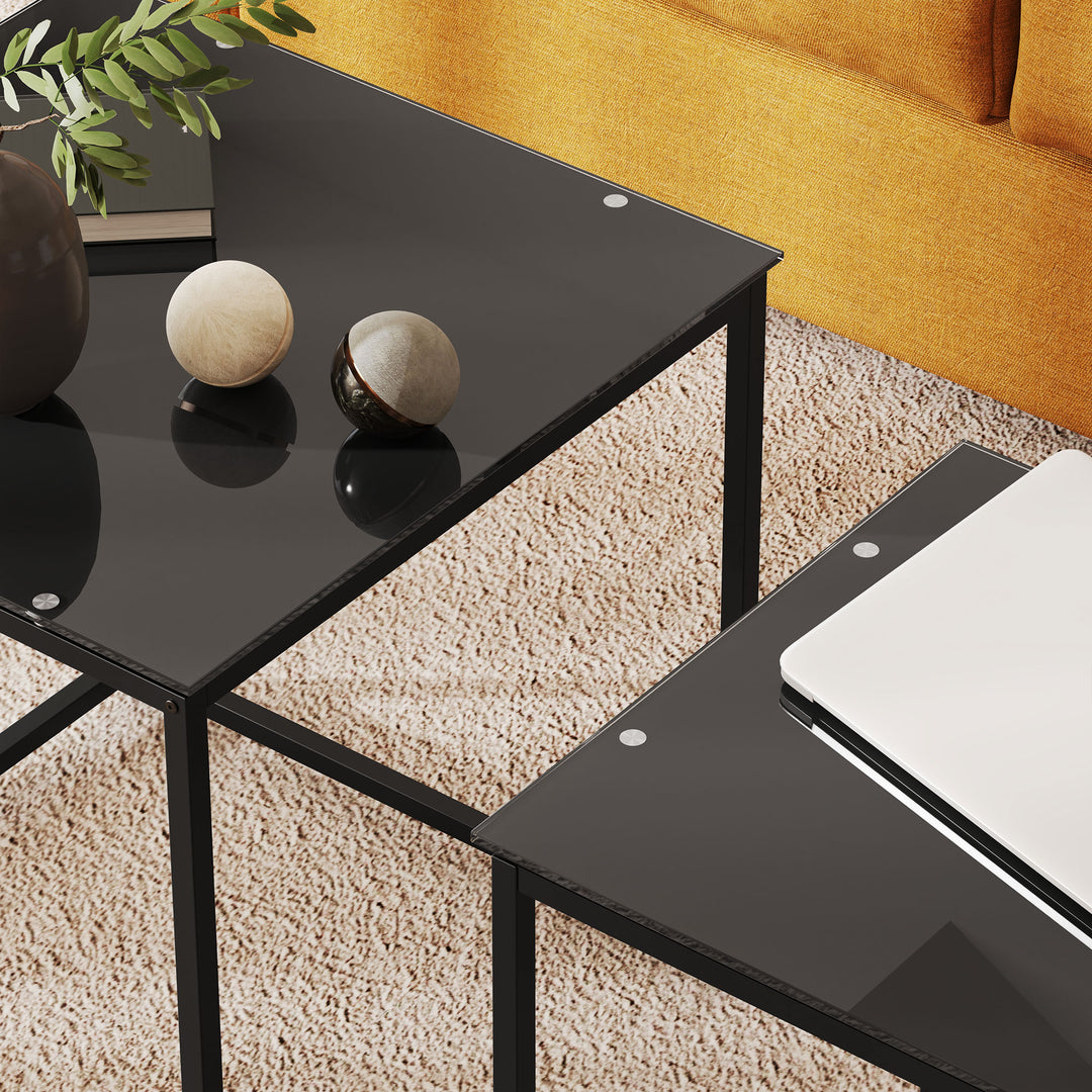 Nest of Tables, Set of 2 Coffee Table, Side Tables with Tempered Glass Desktop and Metal Frame for Living Room, Bedroom, Office, Black