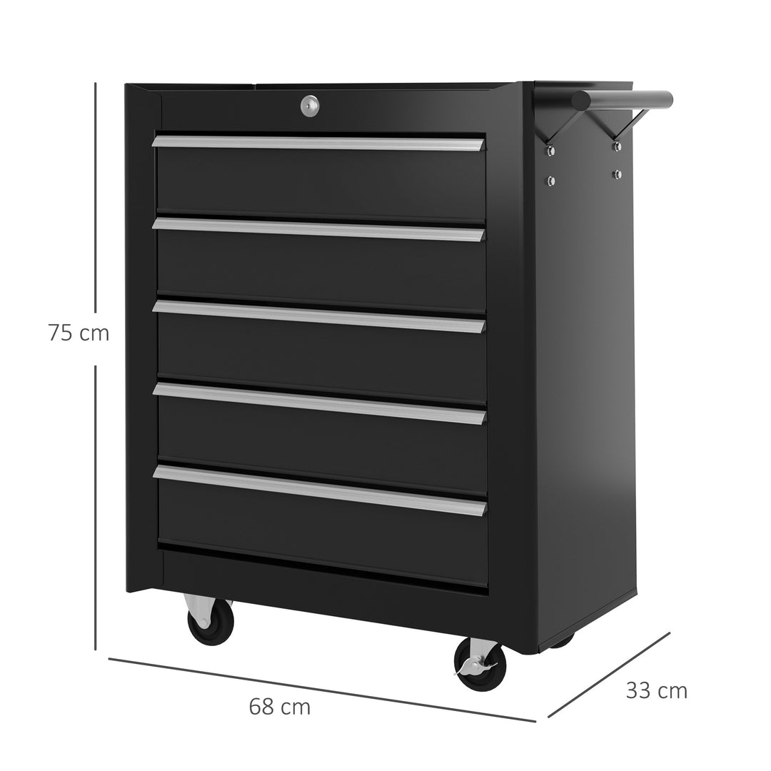 5-Drawer Tool Chest with Wheels, Steel Lockable Tool Storage Cabinet with Handle, 2 Keys for Garage, Workshop, Black