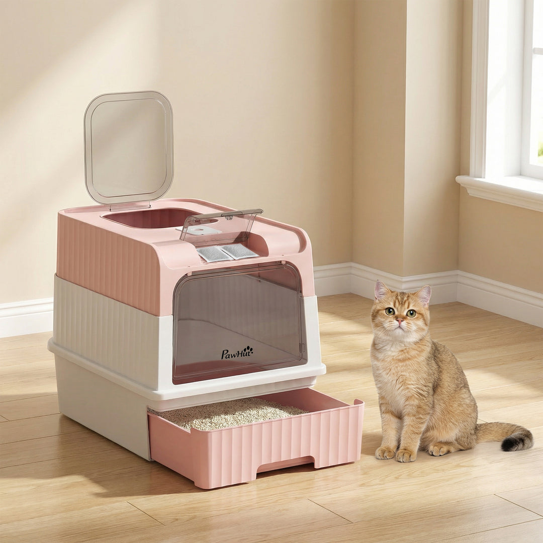 Enclosed Cat Litter Box with Lid, Pull-Out Drawer Tray, Scoop, 4 Deodo
