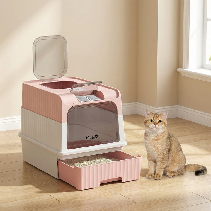 Enclosed Cat Litter Box with Lid, Pull-Out Drawer Tray, Scoop, 4 Deodo