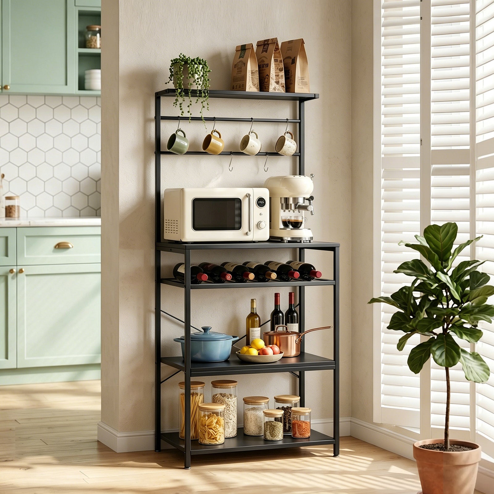 Freestanding Shelving Unit, Industrial Storage Shelf with 6 Hooks and 