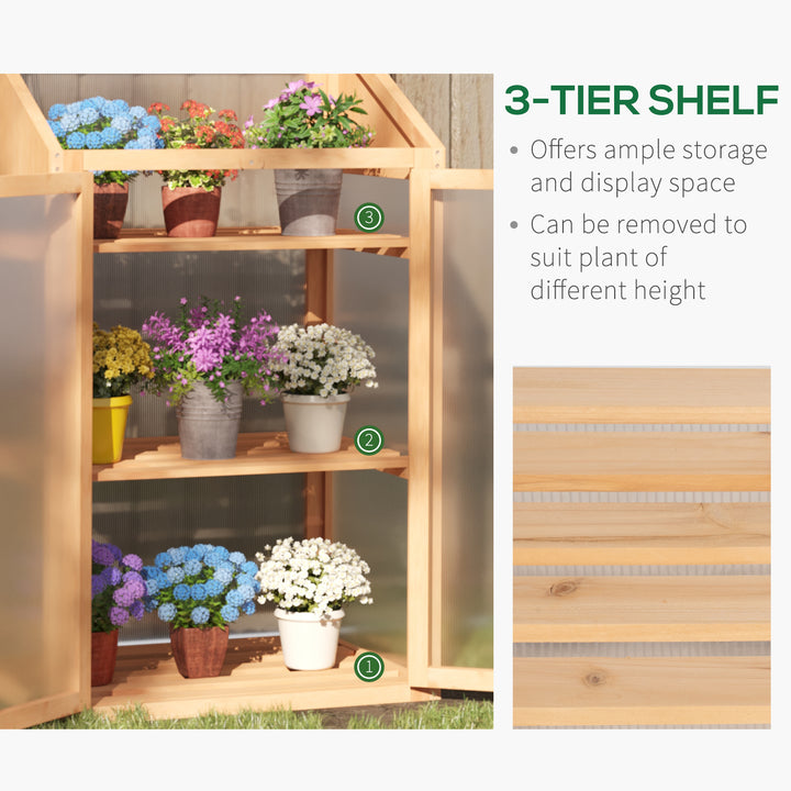 Wooden Cold Frame Polycarbonate Greenhouse with Openable Top Cover and Double Door, Grow House for Flower, Vegetable and Plants, 70 x 50 x 120cm, Grey