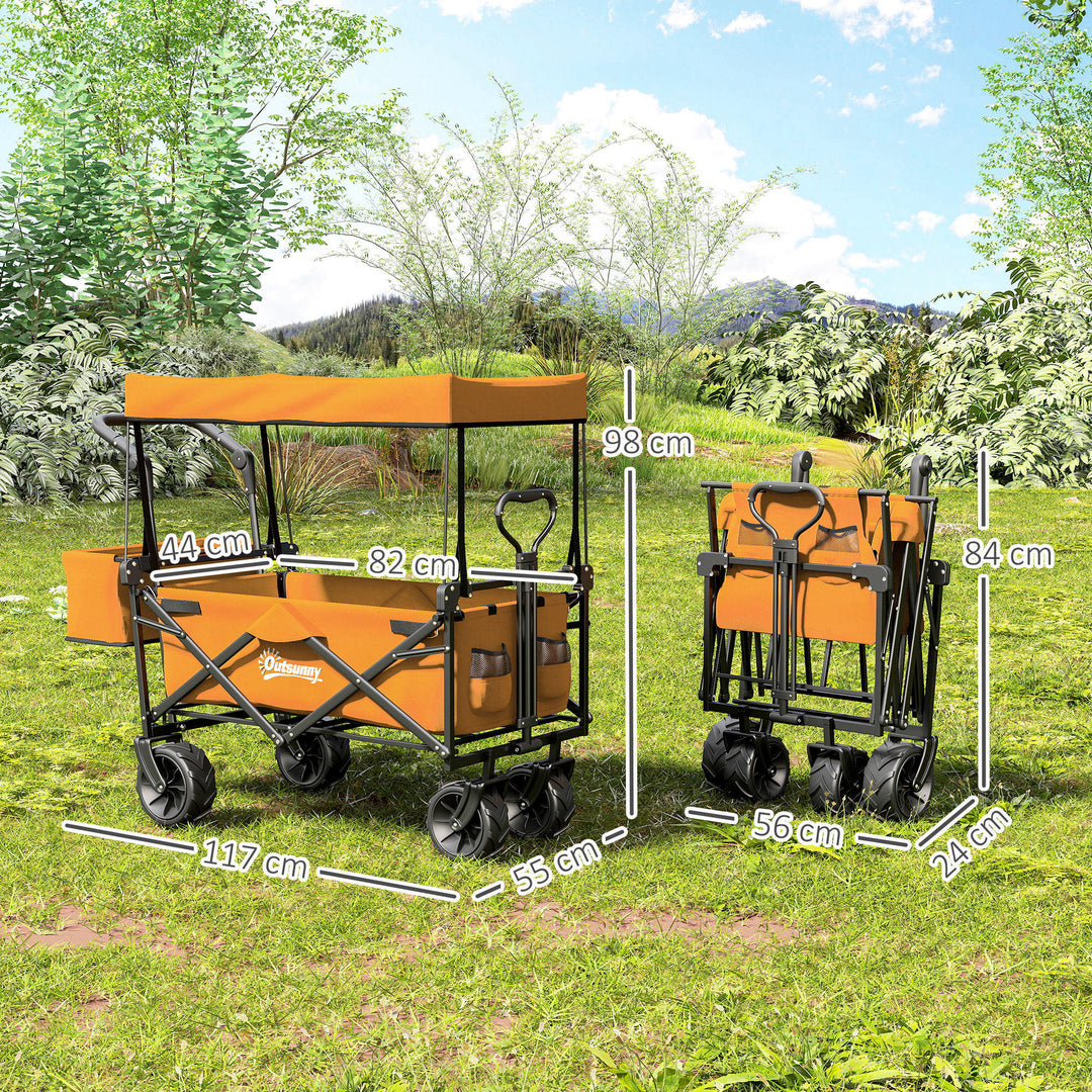 120L Festival Trolley on Wheels, Folding Camping Trolley Cart with Removable Canopy, All-Terrain Wheels, Adjustable Handle, Push or Pull for Garden Beach Fishing Shopping, Orange