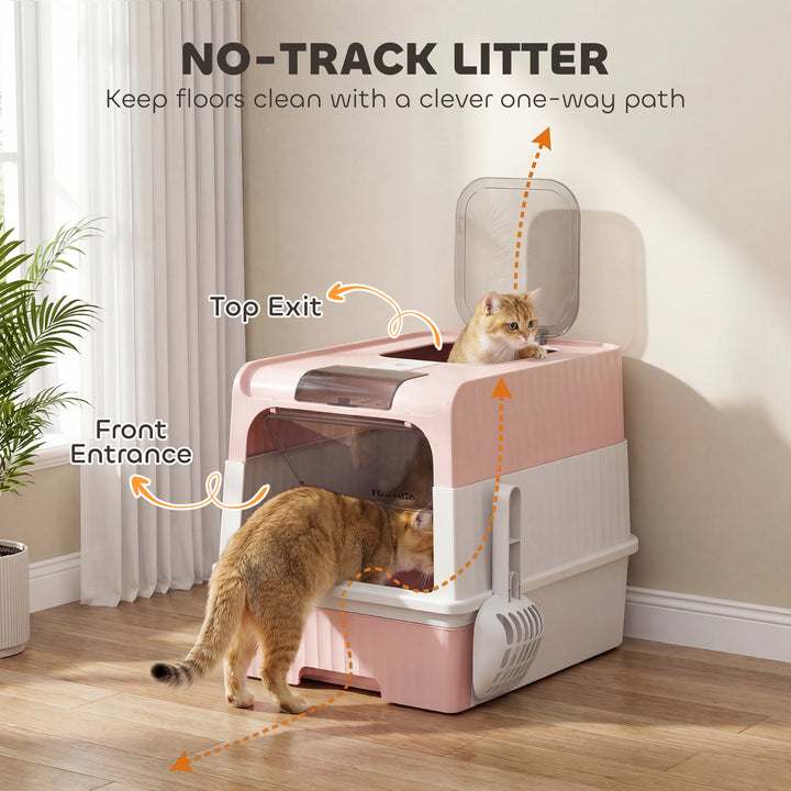 Enclosed Cat Litter Box with Lid, Pull-Out Drawer Tray, Scoop, 4 Deodo