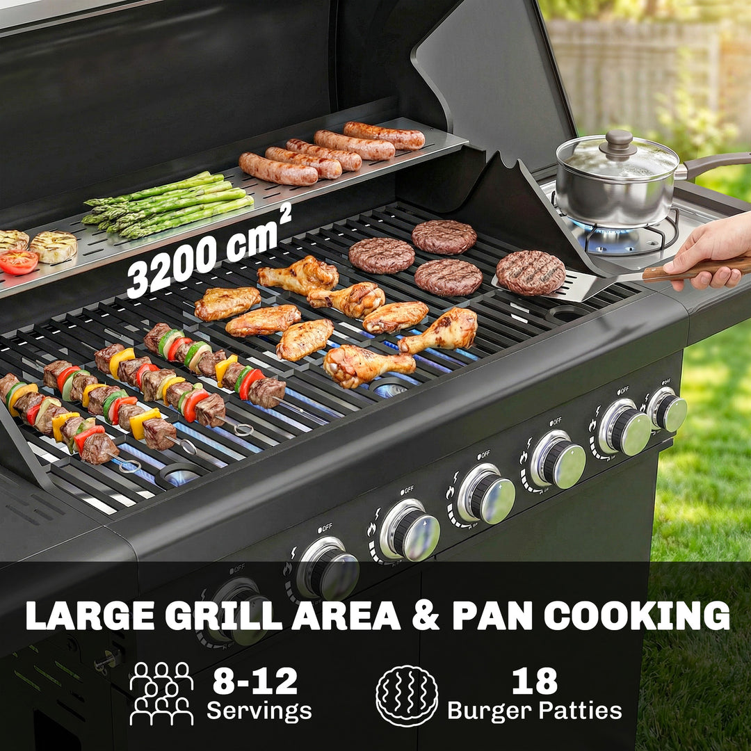 6+1 Burner Gas BBQ Grill, Outdoor Barbecue Trolley with Wheels, Warmin