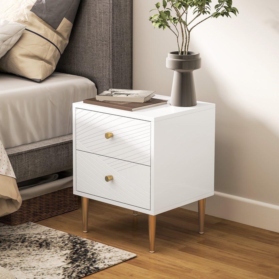 Elegant Two-Drawer Bedside Table - White/Gold-Tone
