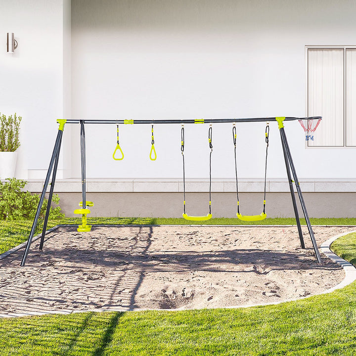 Outsunny Kids Swing Set for Backyard, Outdoor Play Equipment, w/ Adjustable Swing Seats, Seesaw, Basket Hoop, A