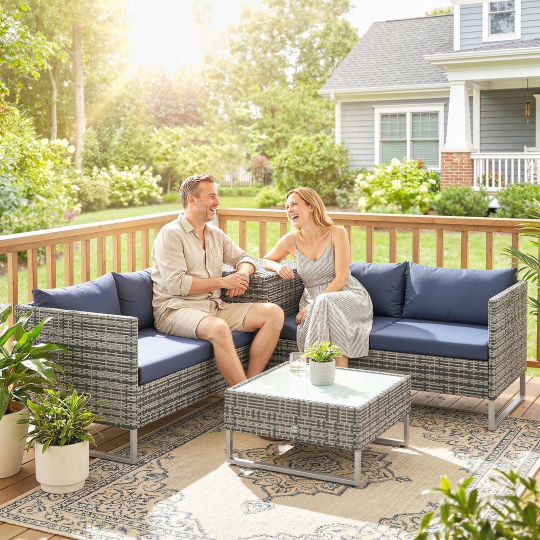 4 Piece Rattan Garden Furniture Set, Outdoor Corner Sofa Set with Stor