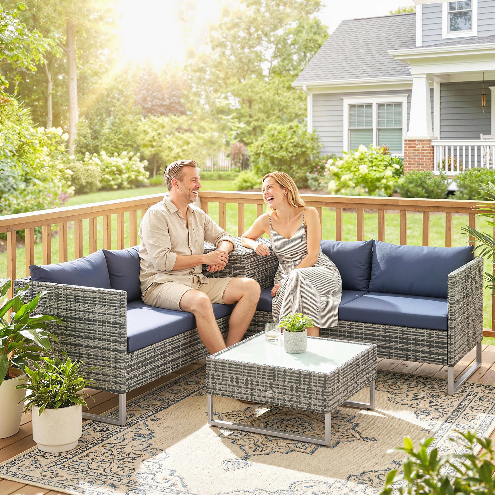 4 Piece Rattan Garden Furniture Set, Outdoor Corner Sofa Set with Stor