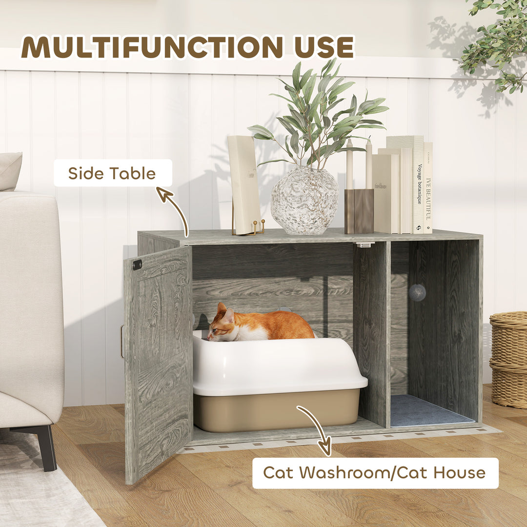 Cat Litter Box Enclosure with Rattan Door, Scratching Mat, Toy Ball, Non-Slip Foot Pads, Grey