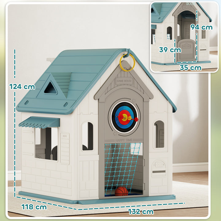 AIYAPLAY 5-in-1 Playhouse for Kids Outdoor Indoor with Basketball Hoop, Football Goal, Dartboard, Ring Toss for 2-5 Years, Beige