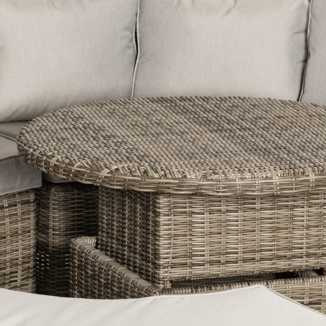 5 Pieces Outdoor PE Rattan Round Garden Daybed with Cushions, Aluminium Patio Furniture Set Lounge Chair Conversation Sofa Set with Liftable Coffee Table and Protect Cover, Grey
