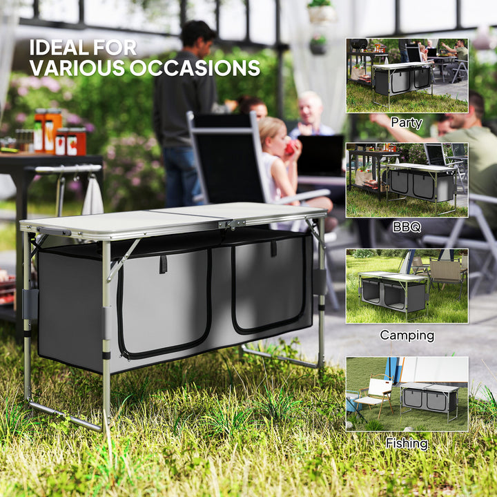 MCL 4ft Folding Camping Cupboard Kitchen, Height Adjustable Aluminium Camping Table with Storage, Lightweight Picnic Table for Outdoor Garden BBQ Party