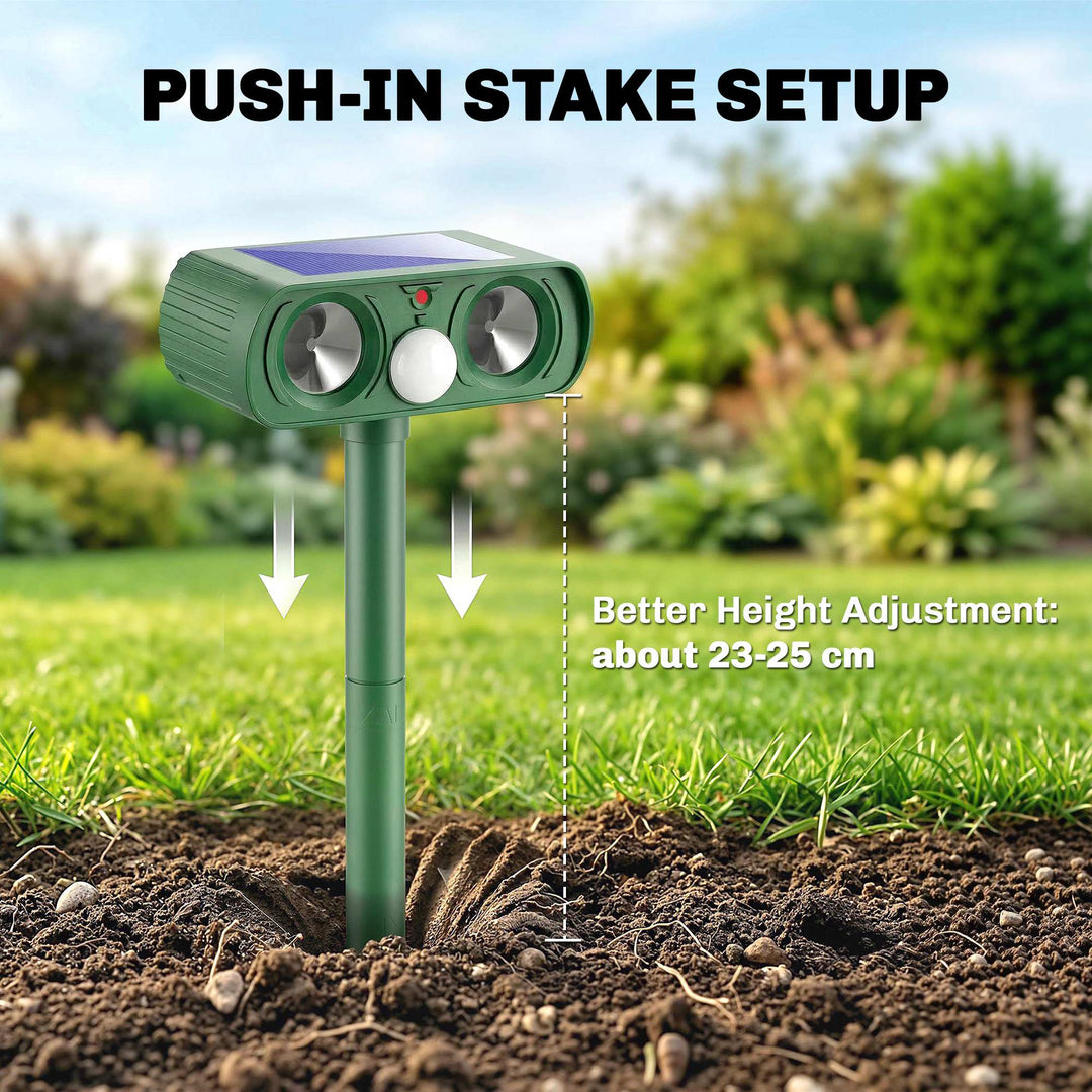 Ultrasonic Cat Repellent, PIR Motion Sensor 110°, LED Flash, Solar Cat