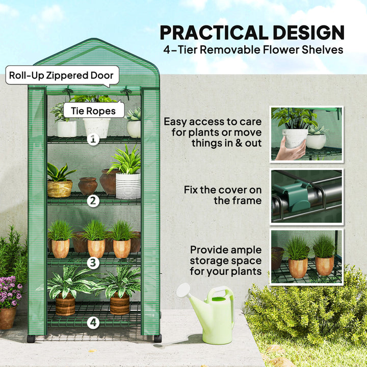 4 Tier Mini Portable Greenhouse Compact Plant Grow Shed Metal Frame PE