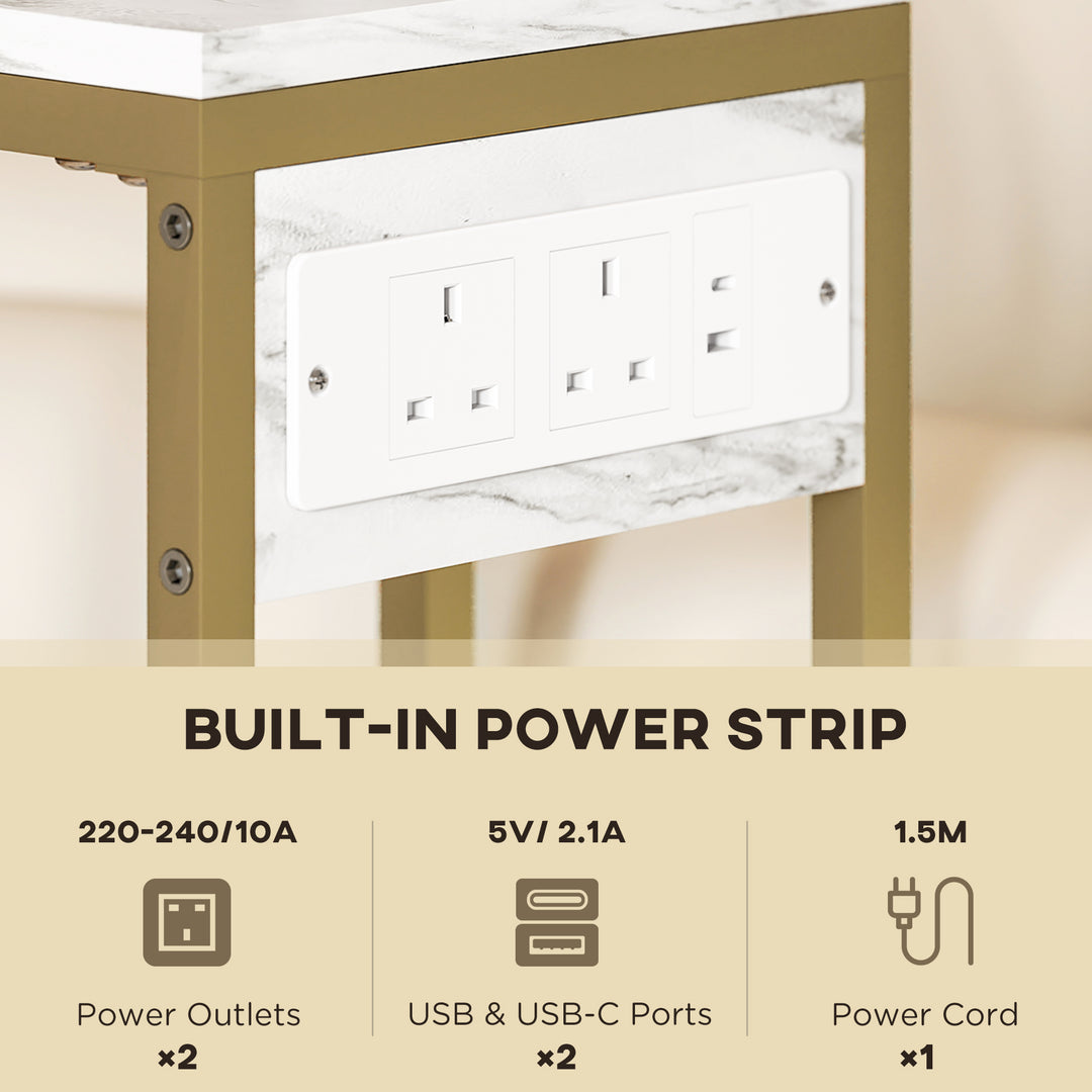 C Shaped Side Table with Charging Station and Faux Marble Top - White