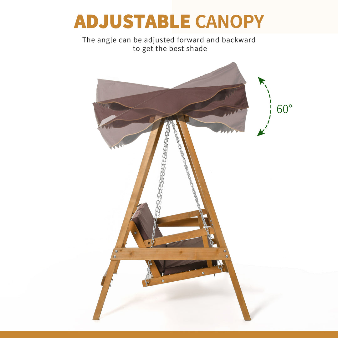 3 Seater Garden Swing Seat Outdoor Swing Chair with Adjustable Canopy, Wooden Hammock Bench with Padded Cushions for Patio Yard, Brown