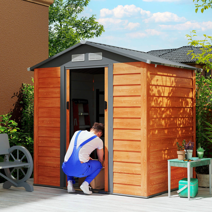 6.5 x 5ft Metal Garden Shed, House Hut Gardening Tool Storage with Ventilations, Sliding Door, Sloped Roof for Garden, Patio, Brown