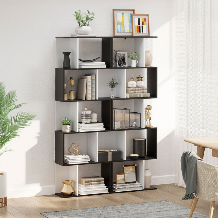 HOMCOM 5-Tier S-Shaped Black Bookcase, Stylish Storage & Display Shelving, Room Divider | Aosom UK