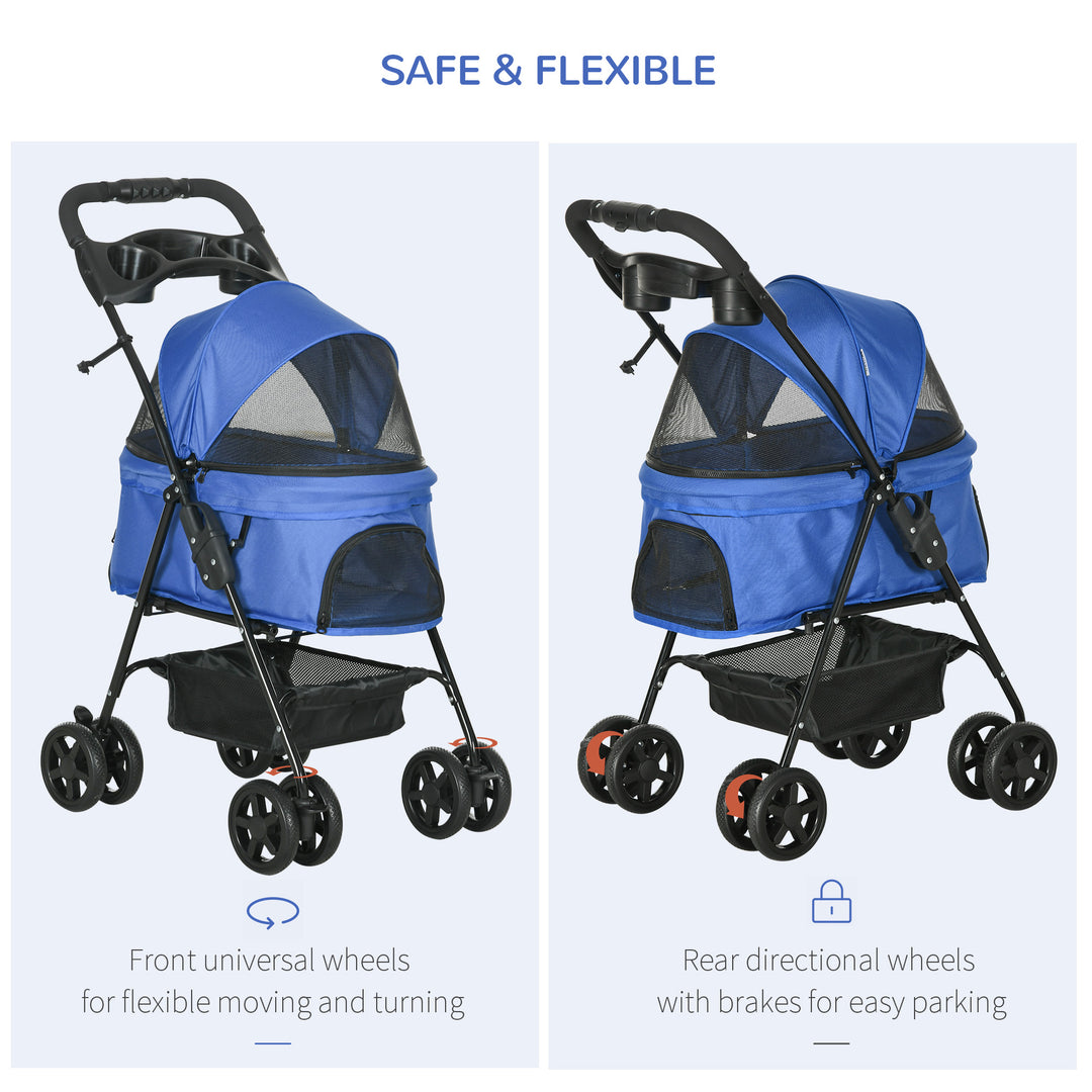Dog Stroller with Rain Cover, Dog Pushchair One-Click Fold Trolley Jogger with EVA Wheels Brake Basket Adjustable Canopy Safety Leash for Small Dogs, Blue