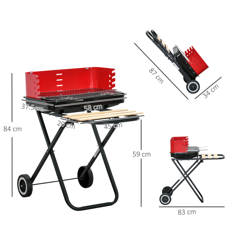 Charcoal Trolley BBQ Barbecue Grill Patio Camping Picnic Garden Party Outdoor Cooking with Windshield and Wheels Side Trays, Black/Red