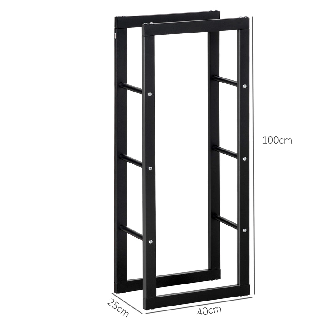 Metal Firewood Log Holder Tall Firewood Rack Indoor Outdoor Fireplace Wood Storage Shelf with Side Rails, Rust-Resistant, Black, 40W x 25D x 100H cm