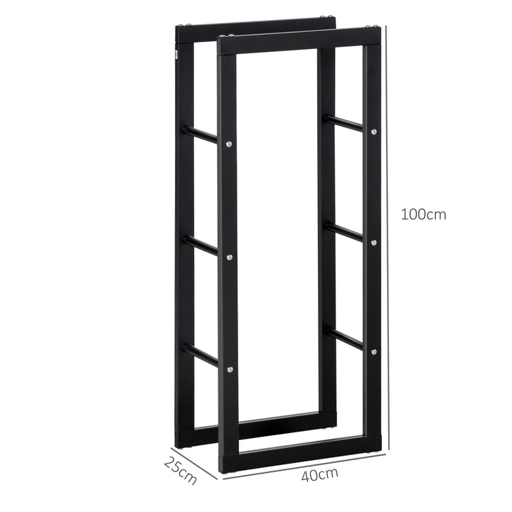 Metal Firewood Log Holder Tall Firewood Rack Indoor Outdoor Fireplace Wood Storage Shelf with Side Rails, Rust-Resistant, Black, 40W x 25D x 100H cm